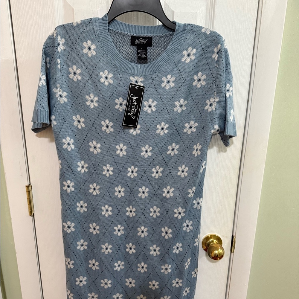 Just Polly New York Sweater Dress Blue Daisy Stretch Short Sleeve Sz L NEW